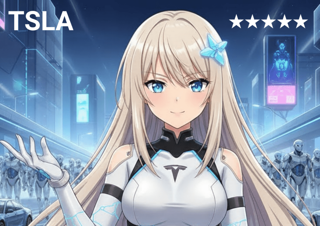 テスラ：このカードはフィクションであり、特定の銘柄を推奨するものではありません。